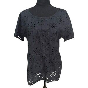 Sundance Womens Blouse Size Medium Blue Eyelet Baby Doll Short Sleeves Pullover